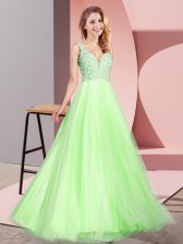 Sweet Yellow Green Sleeveless Lace Floor Length Prom Evening Gown