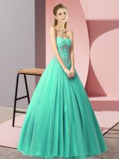  Floor Length A-line Sleeveless Turquoise Dress for Prom Lace Up