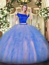  Blue And White Short Sleeves Appliques and Ruffles Floor Length Quinceanera Gowns