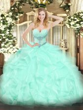 Modest Organza Sweetheart Sleeveless Lace Up Beading and Ruffles Quince Ball Gowns in Apple Green