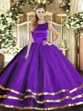 Fashionable Purple Ball Gowns Ruffled Layers Quinceanera Gowns Lace Up Tulle Sleeveless Floor Length