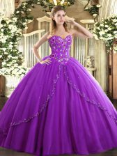 Cheap Lace Up Ball Gown Prom Dress Eggplant Purple for Sweet 16 and Quinceanera with Appliques and Embroidery Brush Train