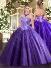 Custom Fit Sleeveless Tulle Floor Length Lace Up Quinceanera Dress in Purple with Appliques