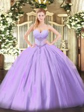 Latest Lavender Ball Gowns Tulle Sweetheart Sleeveless Beading Floor Length Lace Up Vestidos de Quinceanera