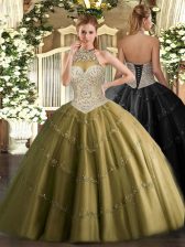 Fashionable Brown Tulle Lace Up Halter Top Sleeveless Floor Length Quinceanera Dress Beading and Appliques