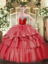Smart Coral Red Sleeveless Beading and Ruffled Layers Floor Length Sweet 16 Dress