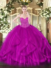  Fuchsia Ball Gowns Sweetheart Sleeveless Tulle Floor Length Lace Up Beading and Ruffles Sweet 16 Dress