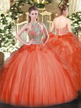 Great Red Halter Top Neckline Beading and Ruffles 15 Quinceanera Dress Sleeveless Lace Up