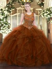  Sleeveless Tulle Floor Length Zipper Quinceanera Dress in Brown with Beading and Ruffles