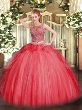  Coral Red Sleeveless Floor Length Beading and Ruffles Lace Up Vestidos de Quinceanera