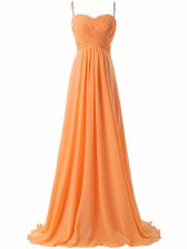  Chiffon Spaghetti Straps Sleeveless Sweep Train Criss Cross Ruching Dress for Prom in Orange