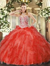 Most Popular Coral Red Quinceanera Gown Military Ball and Sweet 16 and Quinceanera with Beading and Ruffles Sweetheart Sleeveless Side Zipper