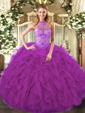  Purple Sleeveless Floor Length Beading and Ruffles Lace Up Quinceanera Dresses