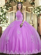  Lilac Quince Ball Gowns Military Ball and Sweet 16 and Quinceanera with Beading and Appliques High-neck Sleeveless Lace Up