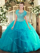 Great Scoop Sleeveless Ball Gown Prom Dress Floor Length Beading and Ruffled Layers Aqua Blue Tulle