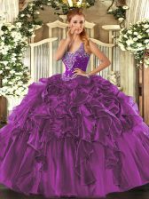 Pretty Eggplant Purple Ball Gowns Straps Sleeveless Organza Floor Length Lace Up Beading and Ruffles Sweet 16 Dresses