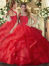 Customized Red Ball Gowns Halter Top Sleeveless Tulle Floor Length Lace Up Ruffles Quinceanera Gown