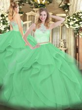  Apple Green Quince Ball Gowns Military Ball and Sweet 16 and Quinceanera with Lace and Ruffles Scoop Sleeveless Zipper