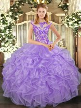Custom Design Floor Length Lavender 15 Quinceanera Dress Scoop Cap Sleeves Lace Up