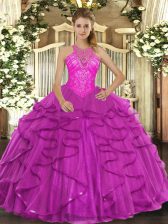  Ball Gowns Quinceanera Gown Fuchsia High-neck Organza Sleeveless Floor Length Lace Up