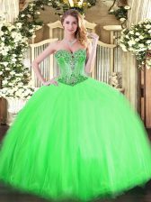 Chic Sleeveless Tulle Floor Length Lace Up Quince Ball Gowns in with Beading