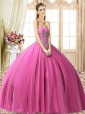  Fuchsia Tulle Lace Up Quinceanera Gown Sleeveless Floor Length Beading