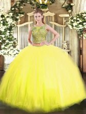 Stunning Yellow Lace Up Scoop Beading Ball Gown Prom Dress Tulle Sleeveless