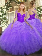 Exceptional Lavender Scoop Neckline Lace and Ruffles Sweet 16 Dresses Long Sleeves Lace Up