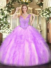  Lilac Ball Gowns V-neck Sleeveless Organza Floor Length Lace Up Beading and Ruffles Quince Ball Gowns