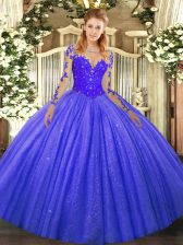  Blue Long Sleeves Tulle Lace Up Quinceanera Gowns for Military Ball and Sweet 16 and Quinceanera