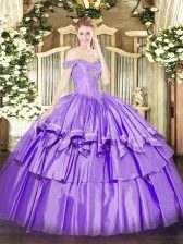  Lavender Sleeveless Floor Length Beading and Ruffled Layers Lace Up Ball Gown Prom Dress