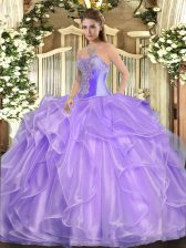 Unique Beading and Ruffles 15 Quinceanera Dress Lavender Lace Up Sleeveless Floor Length