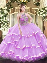 Dazzling Sleeveless Floor Length Beading and Ruffled Layers Lace Up Quinceanera Dress with Lilac