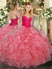  Watermelon Red Organza Lace Up Ball Gown Prom Dress Long Sleeves Floor Length Lace and Ruffles