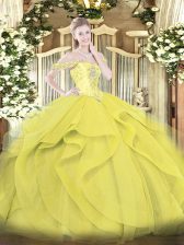 Top Selling Sleeveless Floor Length Beading and Ruffles Lace Up Ball Gown Prom Dress with Yellow