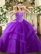 Romantic Eggplant Purple Tulle Lace Up Quinceanera Gown Sleeveless Floor Length Embroidery and Ruffled Layers