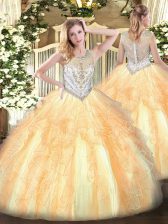 Dramatic Gold Ball Gowns Tulle Scoop Sleeveless Beading and Ruffles Floor Length Zipper 15th Birthday Dress