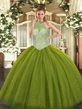  Floor Length Lace Up Quinceanera Dress Olive Green for Military Ball and Sweet 16 and Quinceanera with Beading
