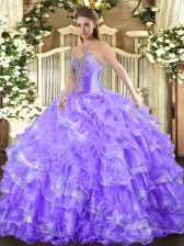  Lavender Ball Gowns Beading and Ruffled Layers Ball Gown Prom Dress Lace Up Organza Sleeveless Floor Length