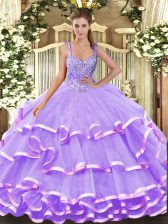 Artistic Straps Sleeveless Organza Sweet 16 Dress Beading and Ruffled Layers Lace Up