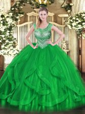 Floor Length Lace Up 15th Birthday Dress Green for Sweet 16 and Quinceanera with Beading and Ruffles