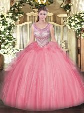  Floor Length Ball Gowns Sleeveless Watermelon Red 15 Quinceanera Dress Lace Up