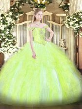  Off The Shoulder Sleeveless Quinceanera Dress Floor Length Beading and Ruffles Yellow Green Tulle