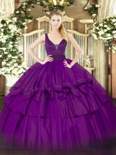 Trendy Organza Straps Sleeveless Zipper Beading and Ruffled Layers Sweet 16 Dress in Purple