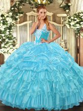 Aqua Blue Sleeveless Beading and Ruffled Layers and Pick Ups Floor Length Quince Ball Gowns