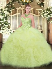  Sweetheart Sleeveless Organza Quinceanera Gown Appliques and Ruffles Lace Up