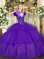 Admirable Sleeveless Tulle Floor Length Lace Up 15 Quinceanera Dress in Purple with Ruffled Layers