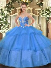  Blue Ball Gowns Sweetheart Sleeveless Tulle Floor Length Lace Up Beading and Ruffled Layers Sweet 16 Dress