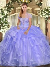  Floor Length Lavender Quince Ball Gowns Organza Sleeveless Appliques and Ruffles