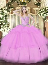 Fabulous Tulle Sweetheart Sleeveless Lace Up Beading and Ruffled Layers Quince Ball Gowns in Lilac